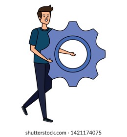 young man lifting gear machine settings