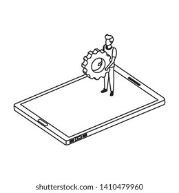 young man lifting gear in smartphone