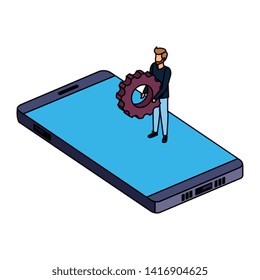 young man lifting gear in smartphone