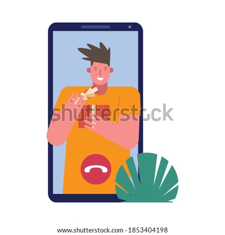 young man lifting gift in smartphone character vector illustration design
