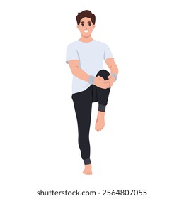 Young Man lifting left knee up and using both hands to support knee,bring close to the chest. Flat Vector character illustration