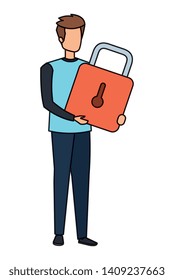 young man lifting padlock character