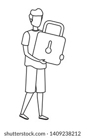 young man lifting padlock character