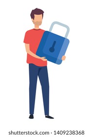 young man lifting padlock character