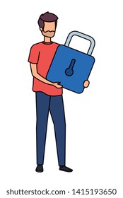 young man lifting padlock character