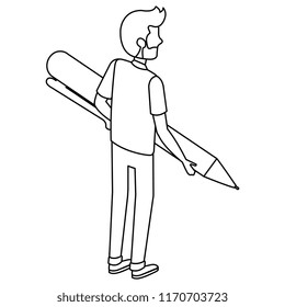 young man lifting pen writer