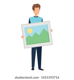 young man lifting picture vector illustration