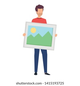 young man lifting picture vector illustration