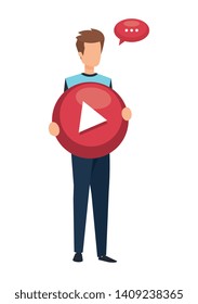young man lifting play button with speech bubble
