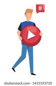 young man lifting play button with speech bubble