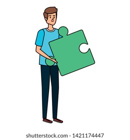 young man lifting puzzle game piece