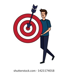 young man lifting target arrow success