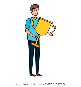 young man lifting trophy cup award