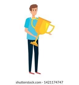 young man lifting trophy cup award