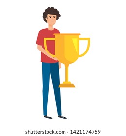 young man lifting trophy cup award