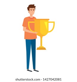 young man lifting trophy cup award