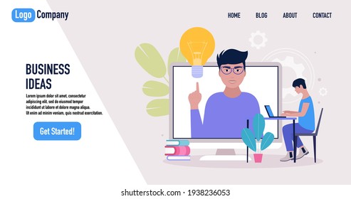 Young man with light bulb. Business analysis and Idea brainstorming concept. Website template.  Vector illustration in a flat style.