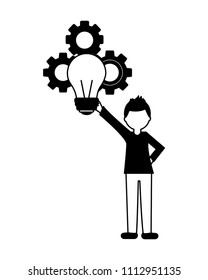 young man with light bulb and gears isolated icon