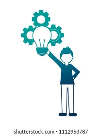 young man with light bulb and gears isolated icon