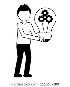 young man with light bulb and gears isolated icon