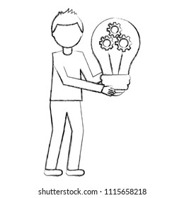 young man with light bulb and gears isolated icon