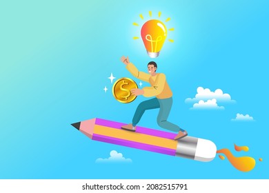 young man with a light bulb over his head with gold coins standing on a large pencil. Investment in education concept. success freelance man blogger or writer catching money from the sky. Vector