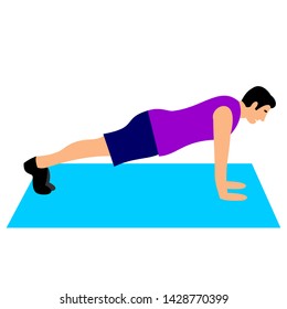 Young man of light skin doing exercises in the gym. Fit man doing exercises  for body warming or exercises for spine . Full of color flat vector illustration. 