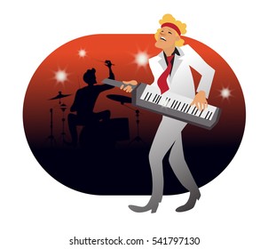 A young man in a light suit and red tie is played on a synthesizer closing his eyes with pleasure.