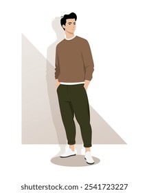 Un joven con un suéter claro y pantalones oscuros se para relajado. Estilo casual ligero y minimalista, enfatizando la simplicidad y la comodidad.