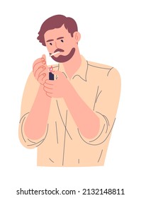 Young man lights a cigarette with a lighter