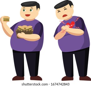 Young man likes to eat junk food and he has heart disease Vector Illustration