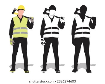 A young man lime reflective vest holding an axe on his shoulder vector