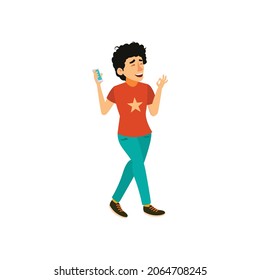 young man listen dance music on phone and walk in park cartoon vector. young man listen dance music on phone and walk in park character. isolated flat cartoon illustration
