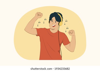 Young man listen music in headphones dancing enjoy have fun foolong around concept