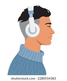 Young man listen to music on headphones. Vector of a handsome guy listening to the music with headphones. Music therapy. Modern man profile. Avatar. Vector flat illustration.