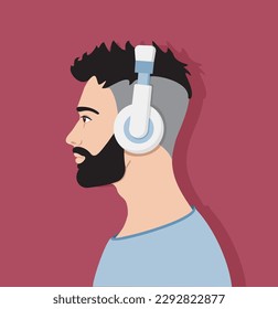 Young man listen to music on headphones. Vector of a handsome guy listening to the music with headphones. Music therapy. Modern man profile. Modern guy, hipster. Avatar. Vector flat illustration.