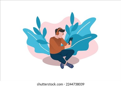 young man listen music from smartphone. Vector illustration. Social media concept. Isolated