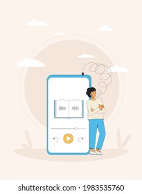 Young man listening to audiobook. Concentrated person and huge phone with education apps. Vector illustration.
