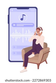 Young man listening to audiobook on mobile phone flat concept vector spot illustration. Editable 2D cartoon character on white for web design. App creative idea for website, mobile, magazine