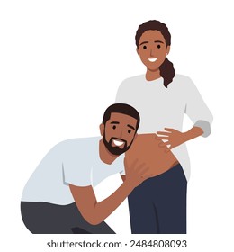 Young man is listening to his beautiful pregnant wife tummy. Flat vector illustration isolated on white background