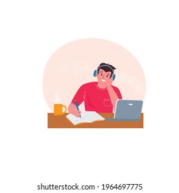 Young man listening to music or audio book in earphones. Music therapy. Vector illustration.