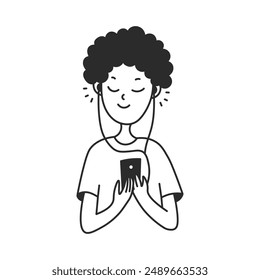 Young Man Listening to Music or Audiobook in Earphones from Smartphone. Smiling boy in headphones holding mobile phone. Cartoon line art. Doodle vector illustration.