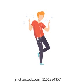 Young man listening music and dancing, guy enjoying music with headphones vector Illustration on a white background