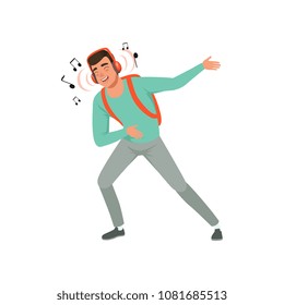 Young man listening to music with headphones and dancing vector Illustration on a white background