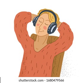 Young man listening to music in headphones vector illustration isolated on white, boy is enjoying and relaxing listening to music.