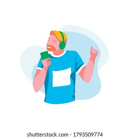 Young man listening music with headphones. Joyful bearded guy wearing fashionable clothes listen to music and dancing flat vector illustration isolated on white background