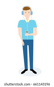 A young man is listening to music. A young man with a MP3 player and headphones. Full body guy isolated on a white background. Vector illustration.