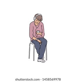Young man listening to music on headphones. Male person holding mobile device sitting on chair looking at screen with sad face, hand drawn cartoon sketch vector illustration on white background