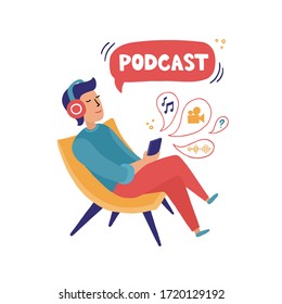 Young man is listening to a podcast with headphones while sitting in a chair. Podcast concept illustration. vector illustration, people learning on podcast. Man listening to podcast