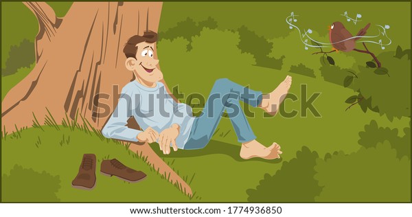 Young man listens to birdsong in park. Funny people.\
Stock illustration. 